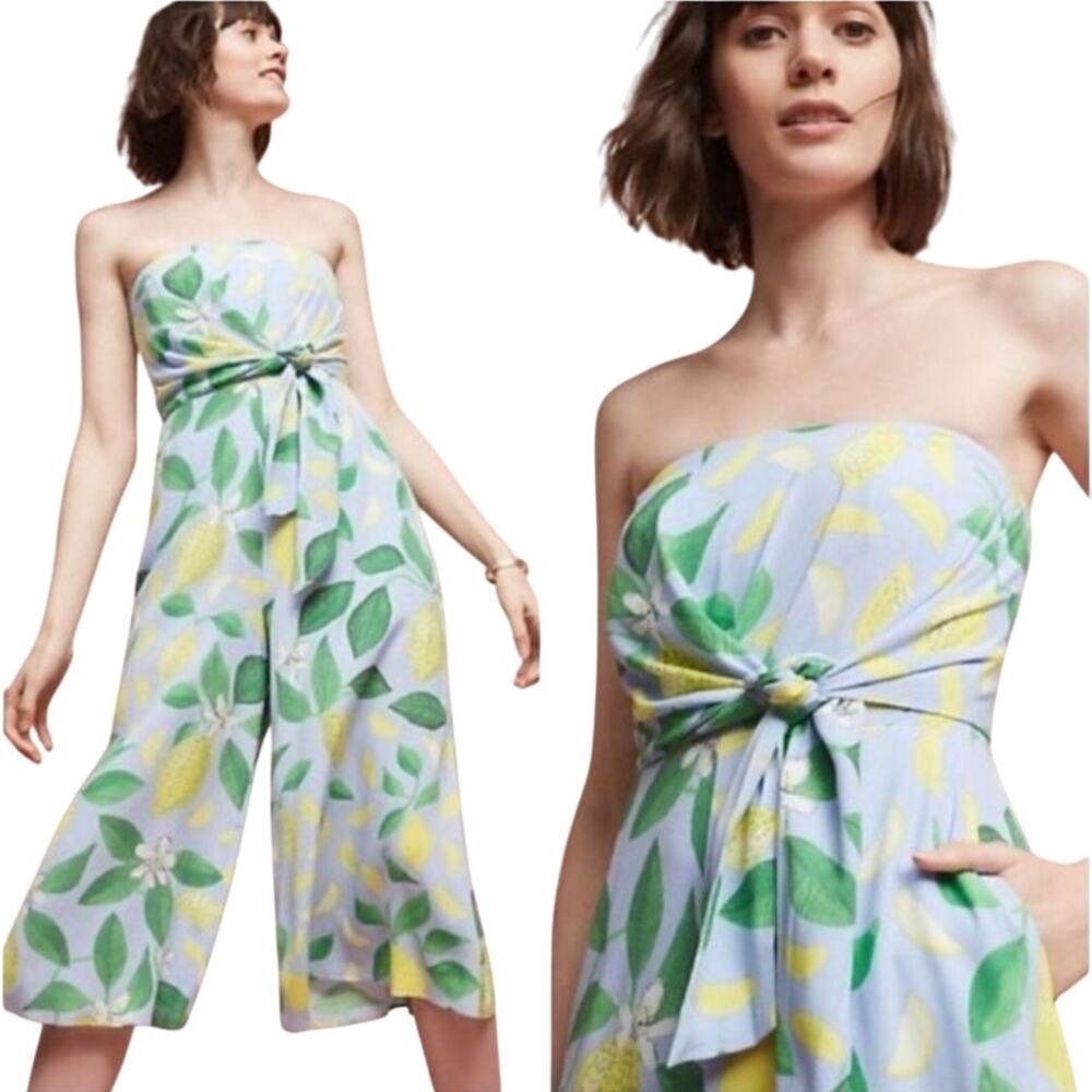 Anthropologie Maeve Lemon Grove Strapless Jumpsuit Cropped Wide Leg Blue Green 2